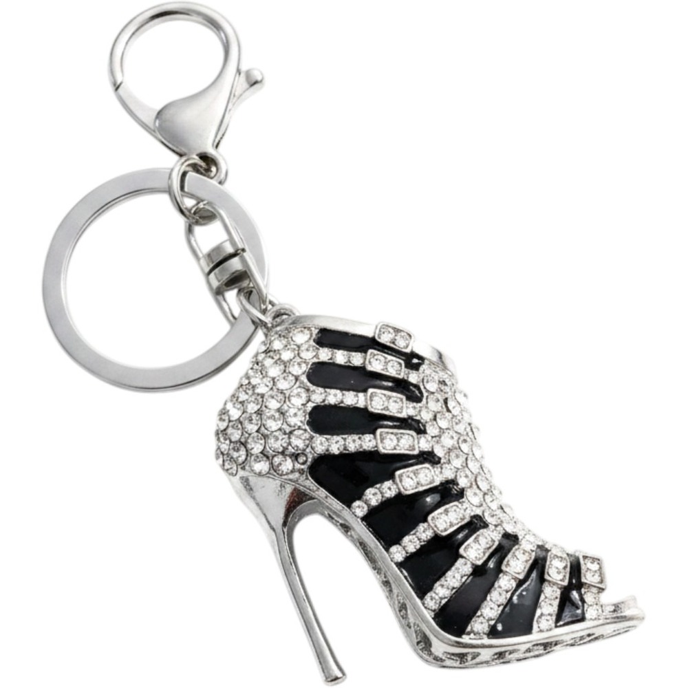 Crystal Stiletto Heel Keychain with Watch Charm Silver Black Rhinestone Handbag